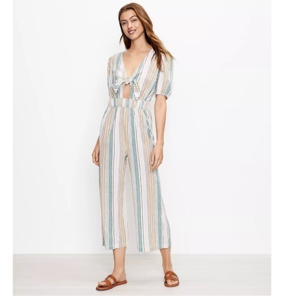 LOFT Beach Striped Tie Front Wide Leg Jumpsuit